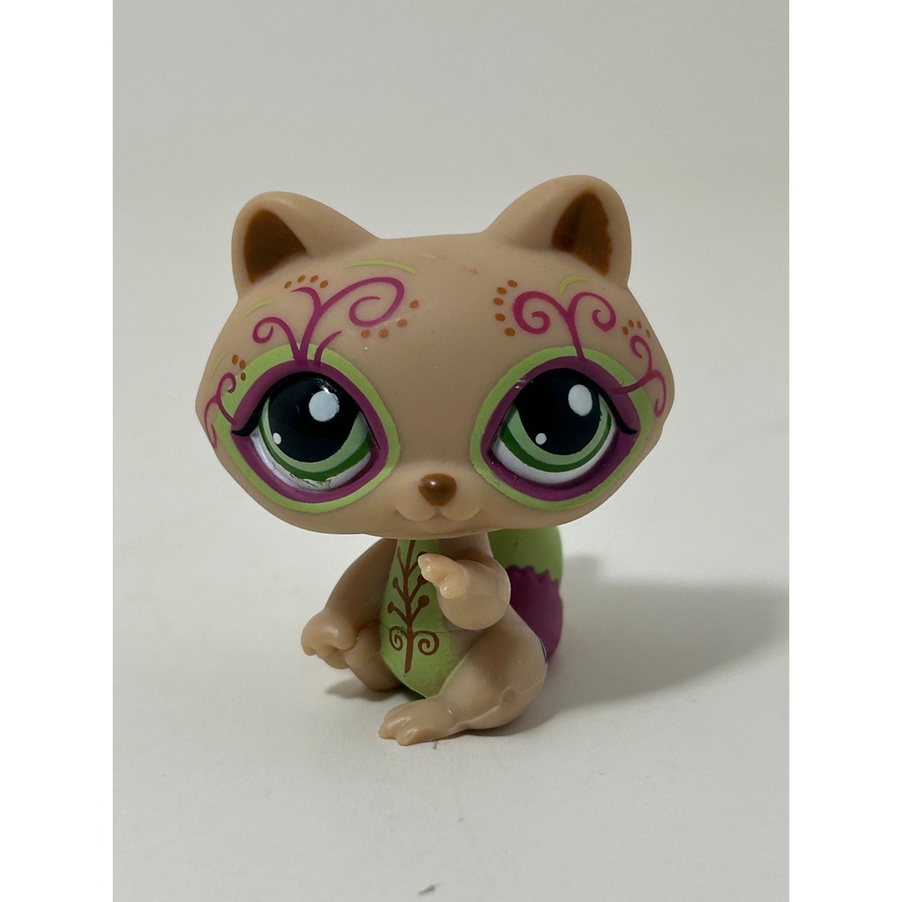 Hasbro Littlest Pet Shop Raccoon 1354 Tan Pink Green Floral Deco Bobble Head Toy